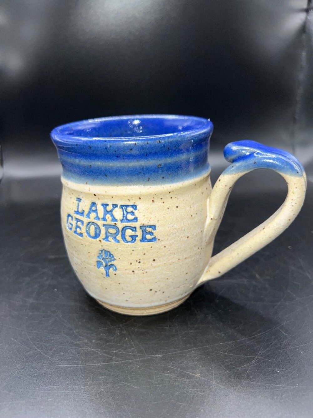 Lake George Ceramic Mug Handmade Speckled Stoneware Blue Rim Handle Marked Rusti